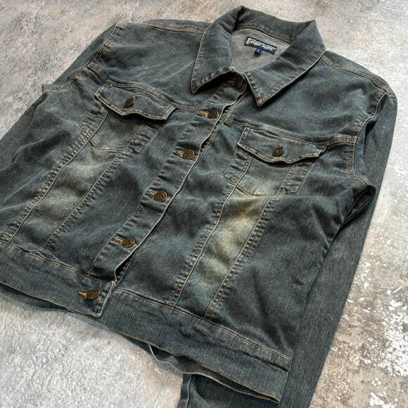 Y2K Dark Wash Denim Jacket. Spring Summer Temper Jeans Faded Size Large. - Picture 4 of 5